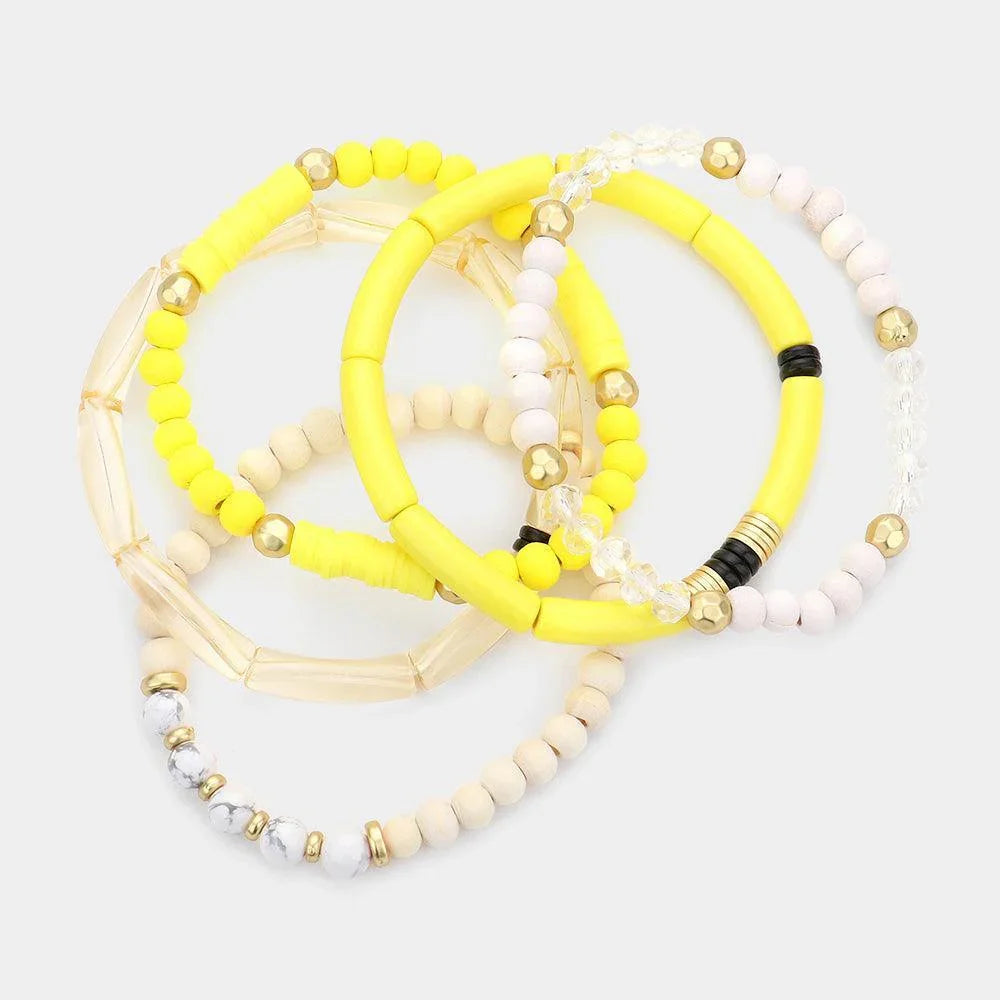 Yellow 5PCS - Natural Stone Wood Resin Beaded Stretch Bracelets - Jewelry Store by Erik Rayo