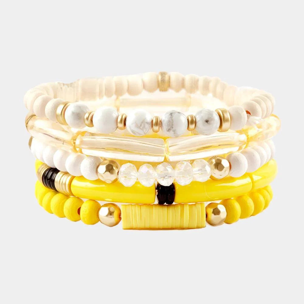 Yellow 5PCS - Natural Stone Wood Resin Beaded Stretch Bracelets - Jewelry Store by Erik Rayo