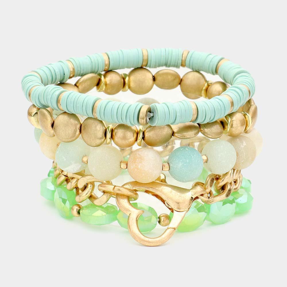 5PCS Metal Heart Heishi Natural Stone Stretch Bracelets - Jewelry Store by Erik Rayo