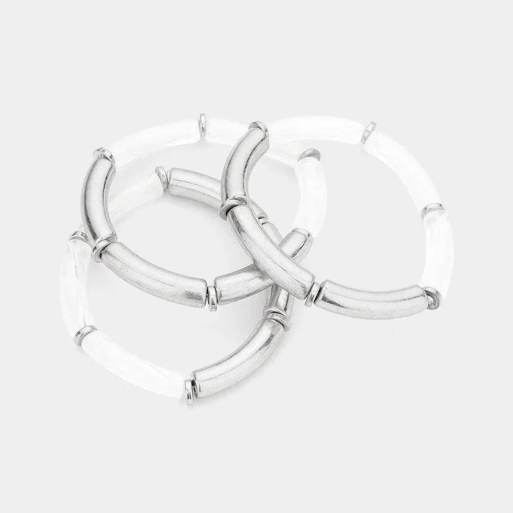 Silver 3PCS Acetate Bar Accented Stretch Multi Layered Bracelet - Jewelry Store by Erik Rayo