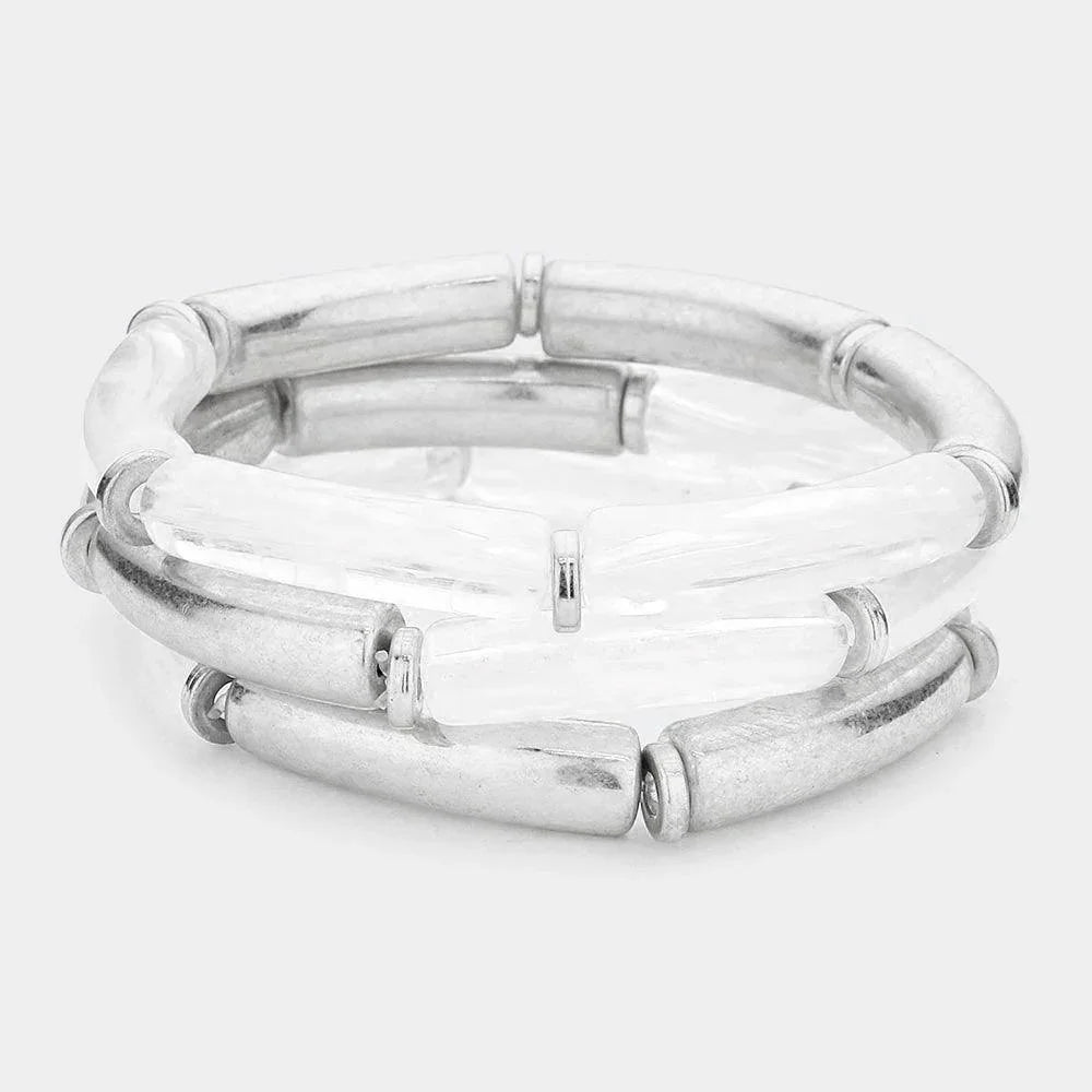 Silver 3PCS Acetate Bar Accented Stretch Multi Layered Bracelet - Jewelry Store by Erik Rayo