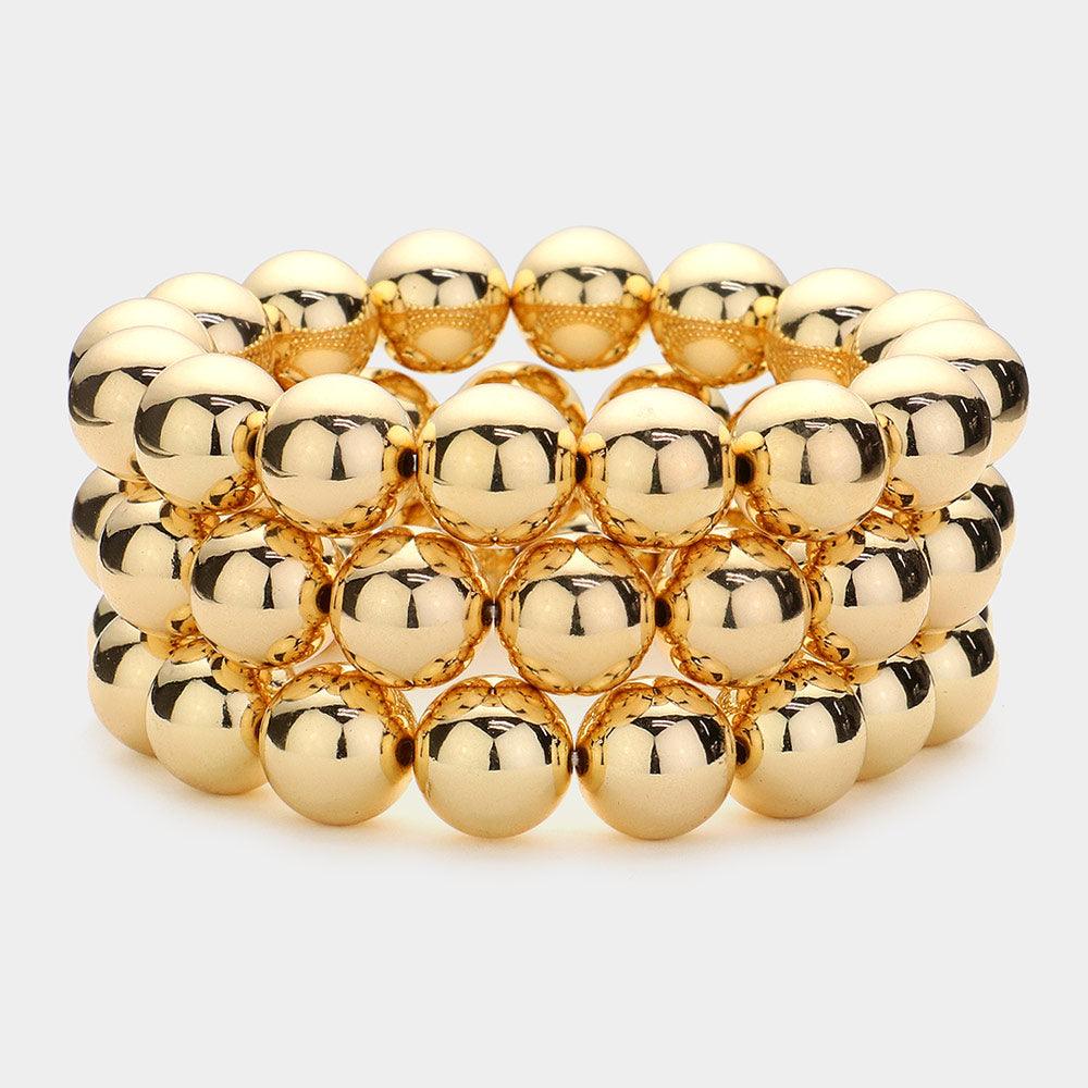 Gold 3PCS  Chunky Metal Ball Multi Layered Stretch Bracelets