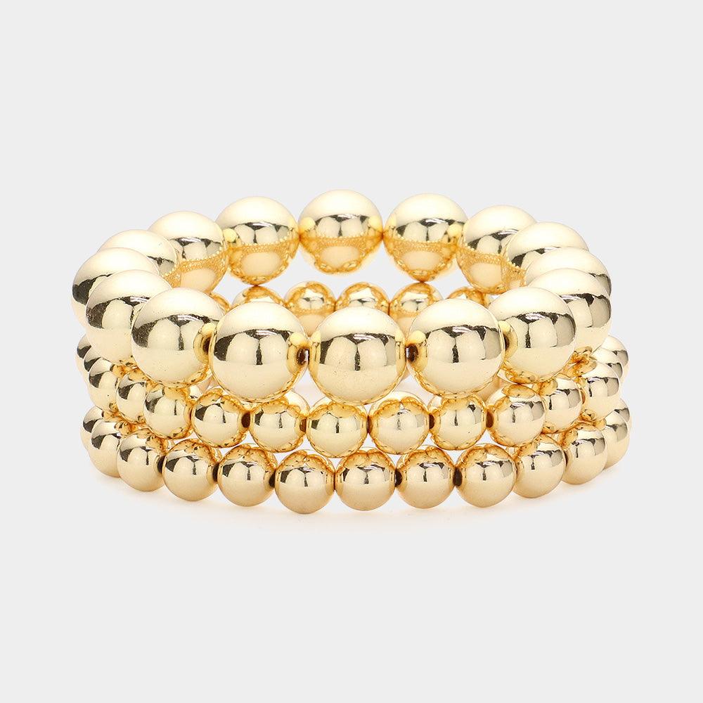 Gold 3PCS - Metal Ball Beaded Stretch Multi Layered Bracelets