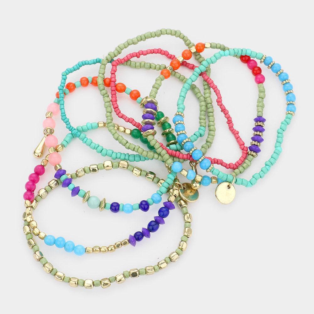 8PCS - Metal Disc Charm Multi Beaded Stretch Bracelets - Jewelry Store by Erik Rayo