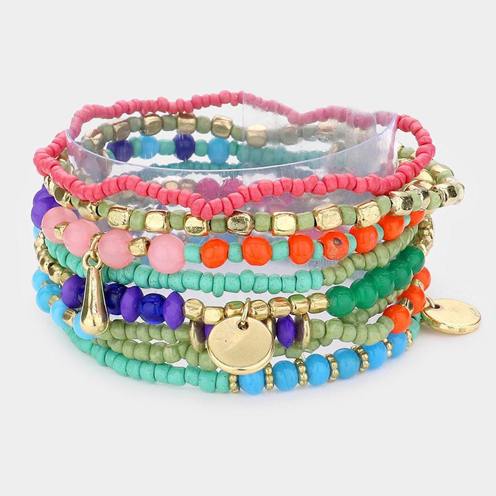 8PCS - Metal Disc Charm Multi Beaded Stretch Bracelets - Jewelry Store by Erik Rayo