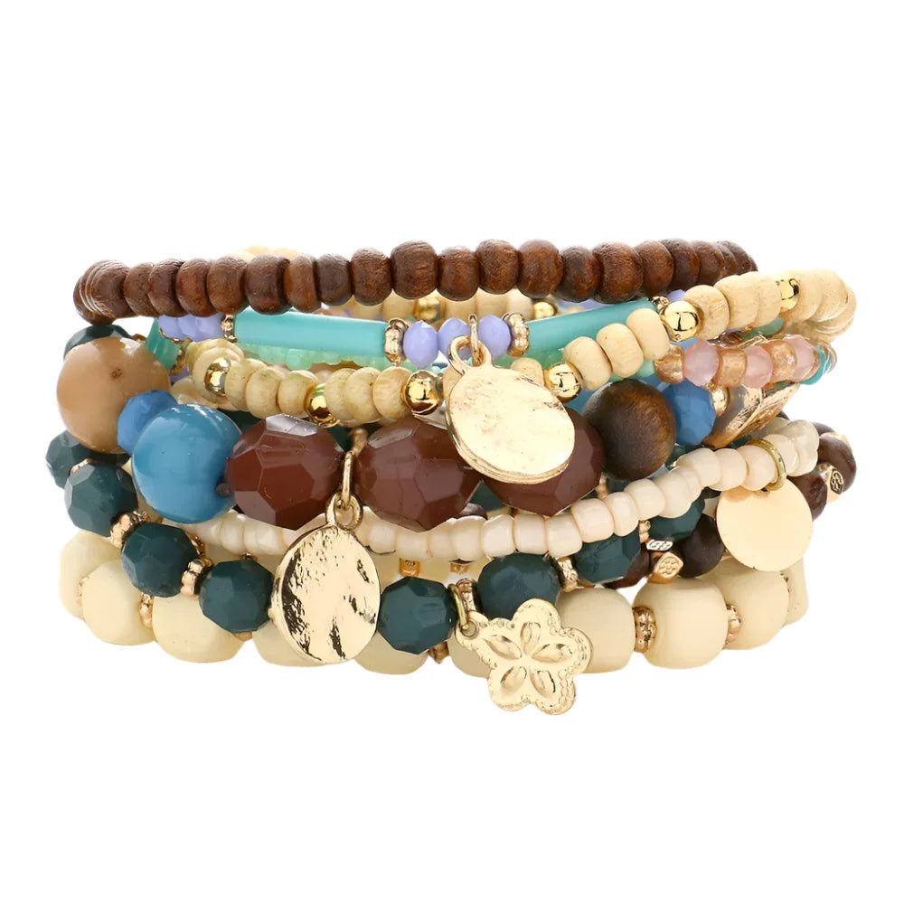 10PCS - Strand Wood Bead Turtle Stretch Layered Bracelets - Jewelry Store by Erik Rayo
