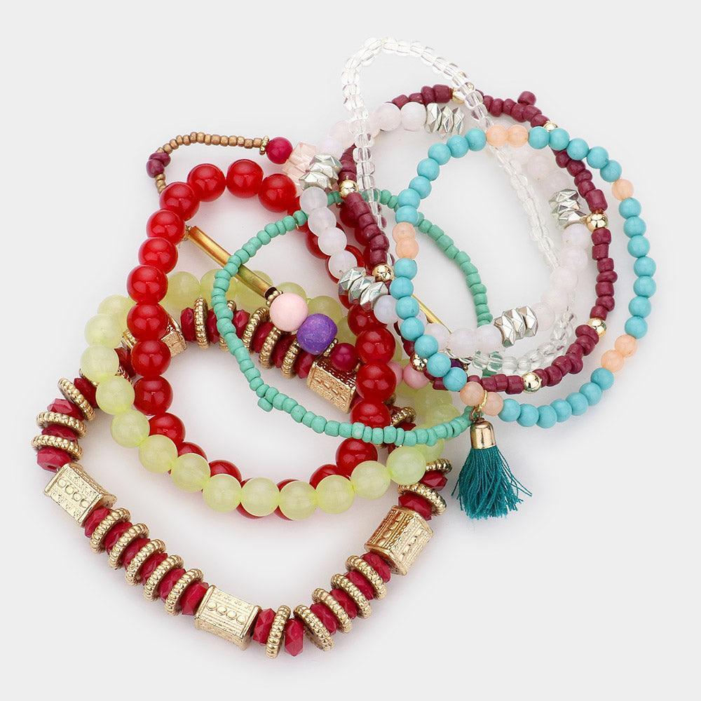 8PCS - Tassel Charm Multi Beaded Stretch Bracelets - Jewelry Store by Erik Rayo