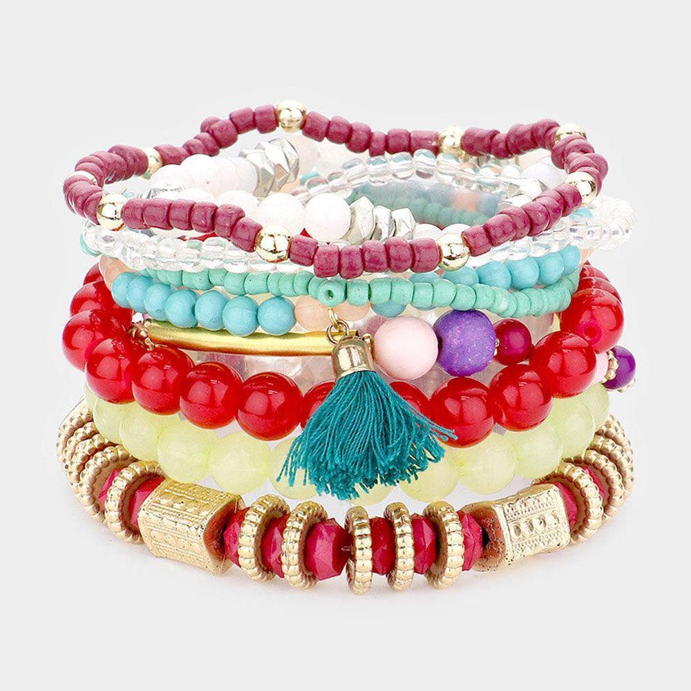8PCS - Tassel Charm Multi Beaded Stretch Bracelets - Jewelry Store by Erik Rayo