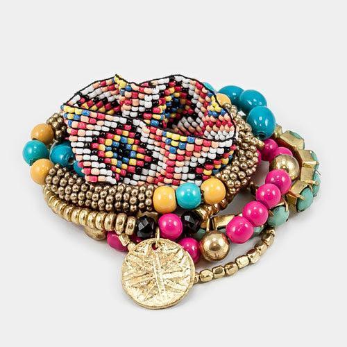 7PCS - Boho Multi Beaded Disc Charm Stretch Bracelets - Jewelry Store by Erik Rayo