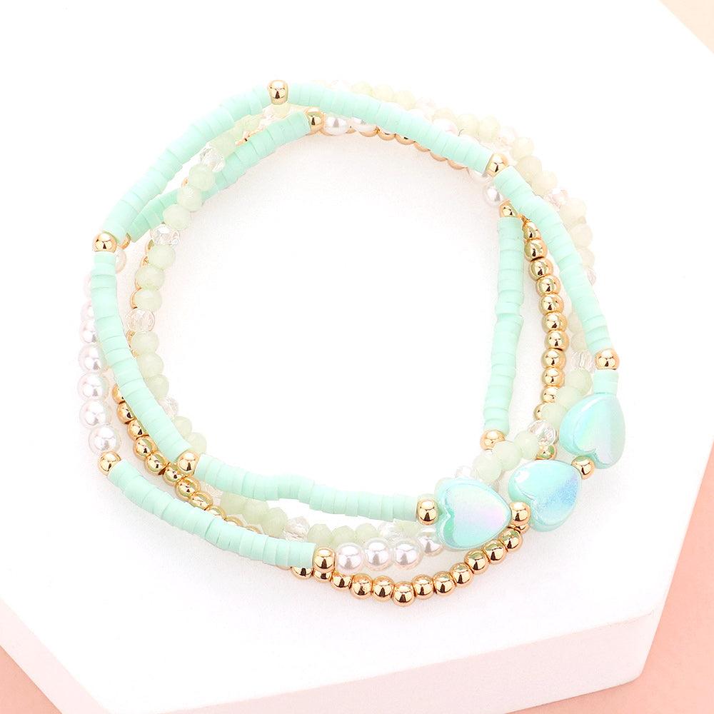 Mint 4PCS - Heart Pearl Heishi Beaded Stretch Bracelets