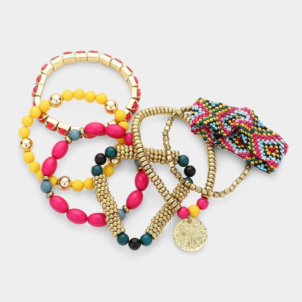 7PCS - Boho Multi Beaded Disc Charm Stretch Bracelets - Jewelry Store by Erik Rayo