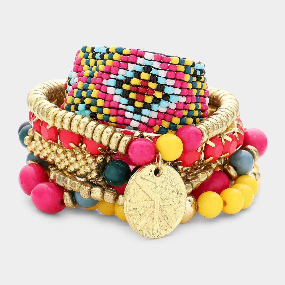 7PCS - Boho Multi Beaded Disc Charm Stretch Bracelets - Jewelry Store by Erik Rayo