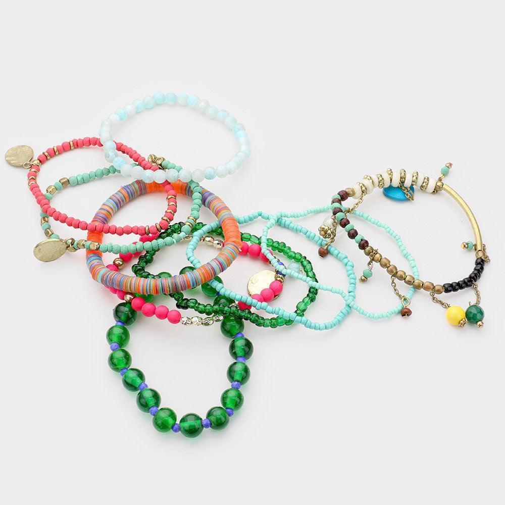 10PCS Colorful Strand Bead Metal Layered Stretch Bracelet - Jewelry Store by Erik Rayo