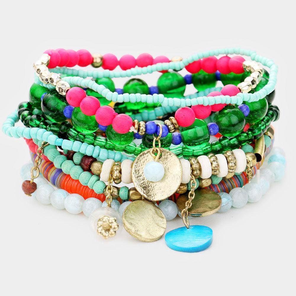 10PCS Colorful Strand Bead Metal Layered Stretch Bracelet - Jewelry Store by Erik Rayo