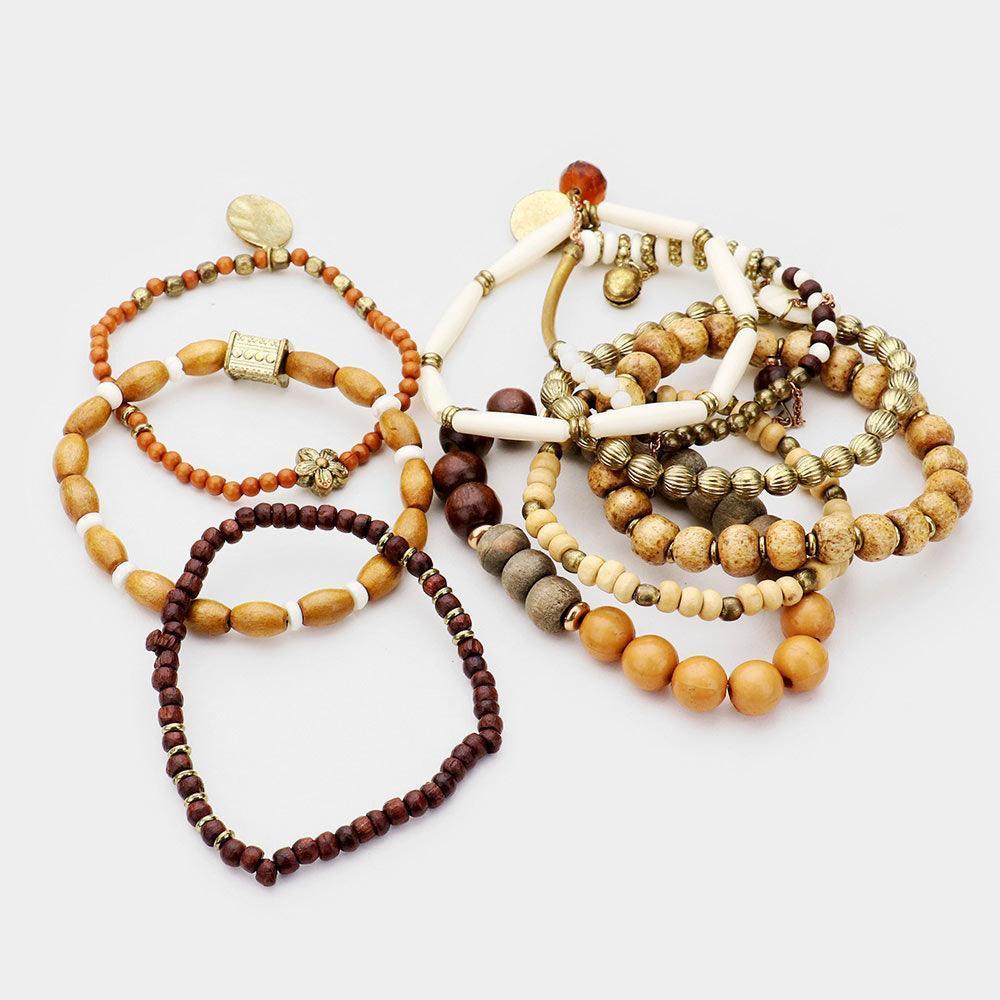 Brown 9PCS Strand Wood Ball Bead Layered Stretch Bracelet - Jewelry Store by Erik Rayo