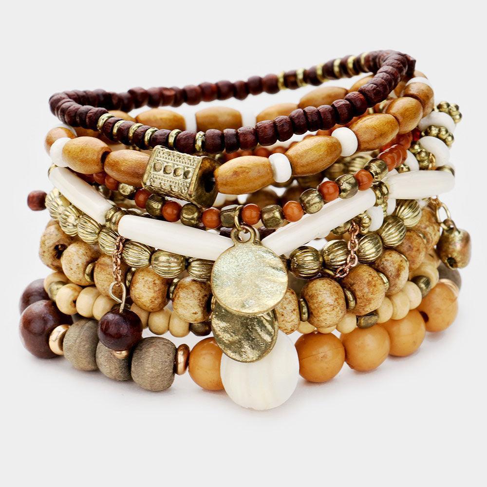 Brown 9PCS Strand Wood Ball Bead Layered Stretch Bracelet - Jewelry Store by Erik Rayo
