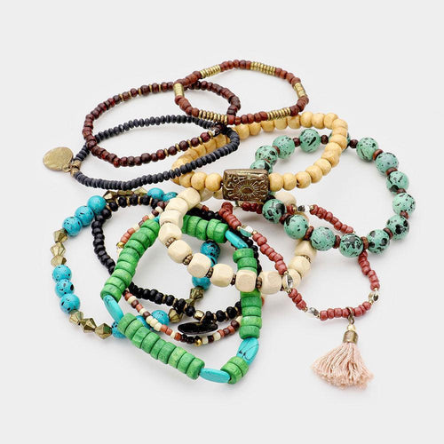 11PCS - Colorful Strand Bead Metal Tassel Layered Stretch - Jewelry Store by Erik Rayo