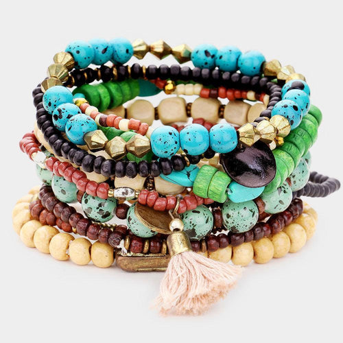 11PCS - Colorful Strand Bead Metal Tassel Layered Stretch - Jewelry Store by Erik Rayo