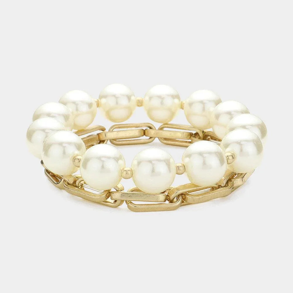 Cream 2PCS - Pearl Beaded Metal Chain Layered Bracelets - Jewelry Store by Erik Rayo