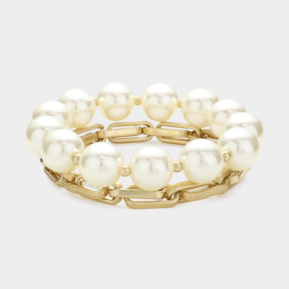 Cream 2PCS - Pearl Beaded Metal Chain Layered Bracelets