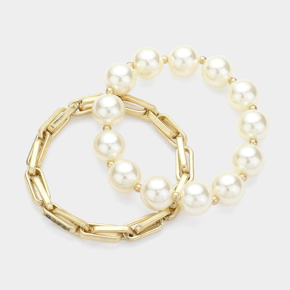 Cream 2PCS - Pearl Beaded Metal Chain Layered Bracelets - Jewelry Store by Erik Rayo