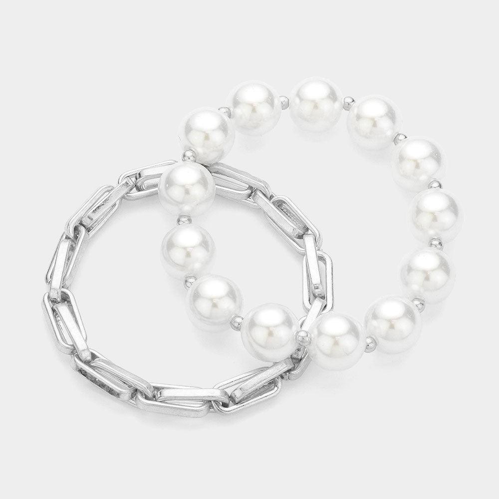 Cream 2PCS Pearl Beaded Metal Chain Layered Bracelets - Jewelry Store by Erik Rayo