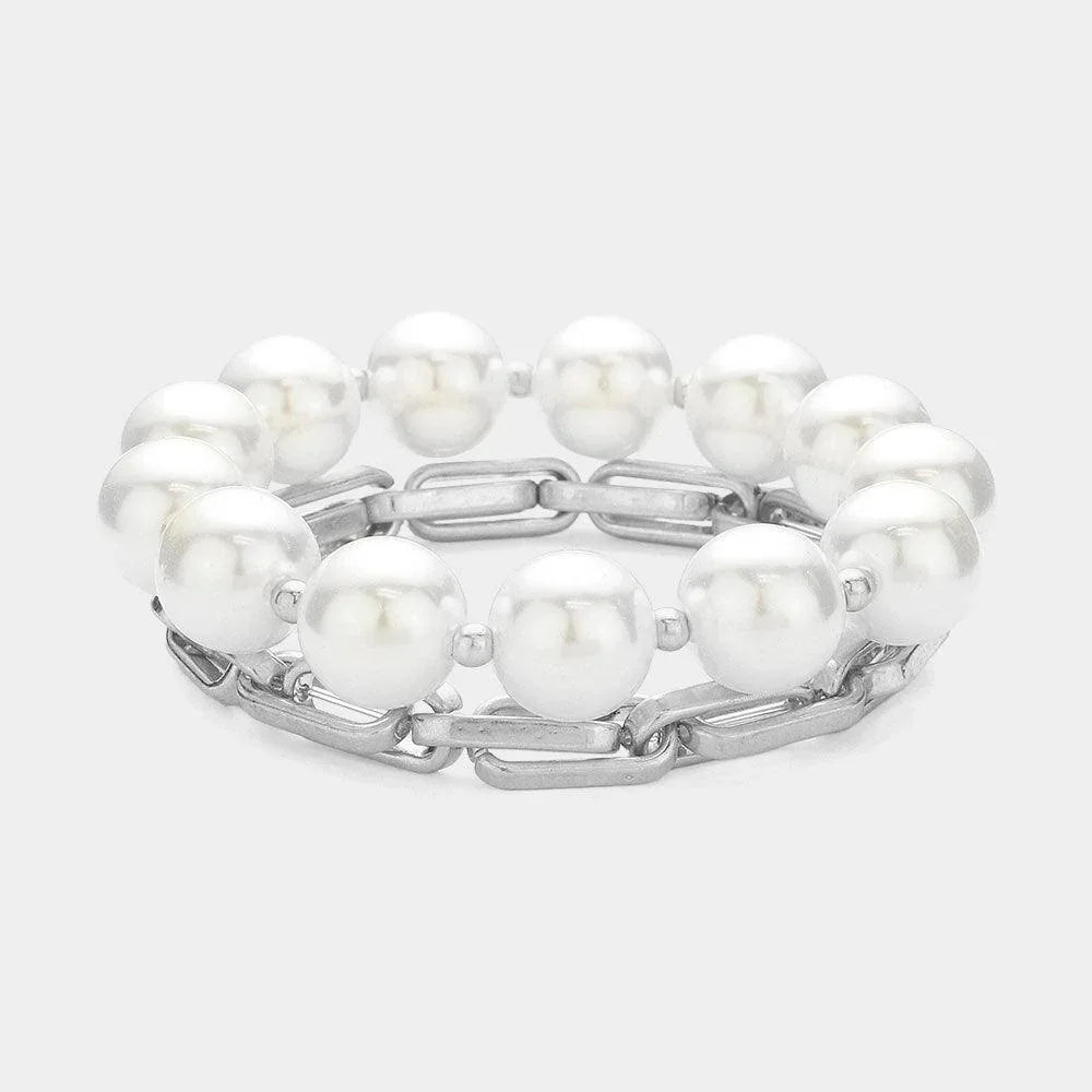 Cream 2PCS Pearl Beaded Metal Chain Layered Bracelets - Jewelry Store by Erik Rayo