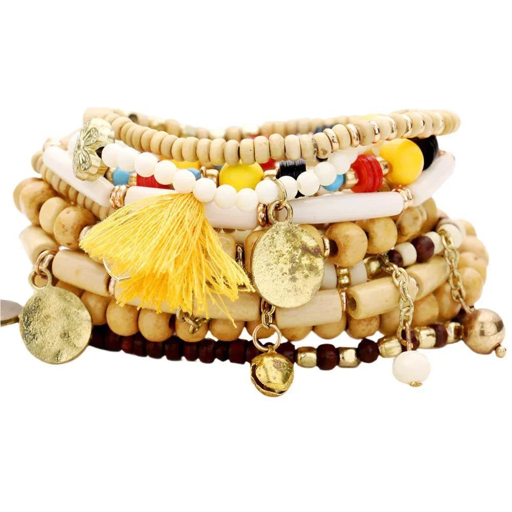 10PCS Wood Multi Bead Tassel Stretch Layered Bracelets - Jewelry Store by Erik Rayo