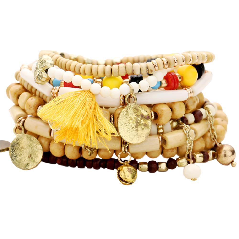 10PCS  Wood Multi Bead Tassel Stretch Layered Bracelets