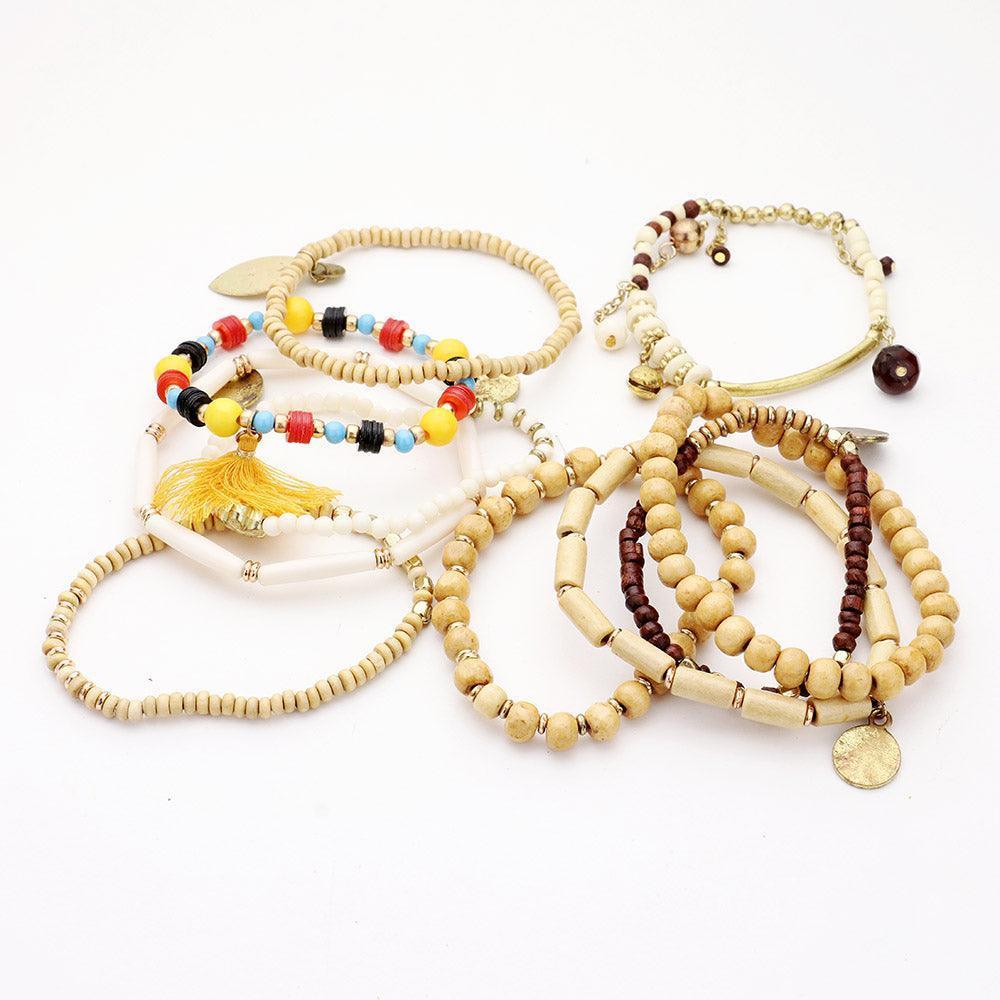 10PCS Wood Multi Bead Tassel Stretch Layered Bracelets - Jewelry Store by Erik Rayo
