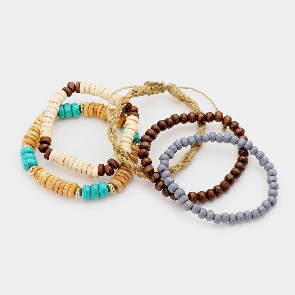 5PCS Multi Wood Bead Layered Stretch Bracelets - Jewelry Store by Erik Rayo