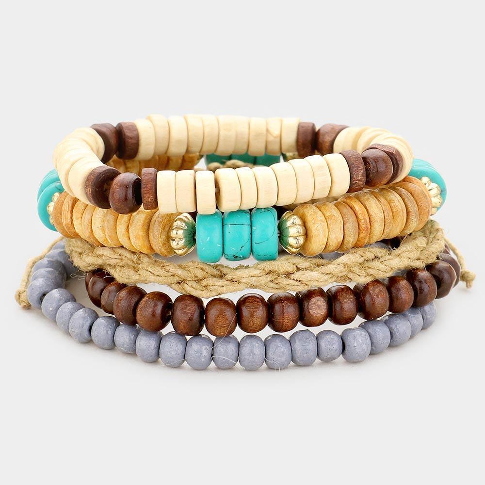 5PCS Multi Wood Bead Layered Stretch Bracelets - Jewelry Store by Erik Rayo