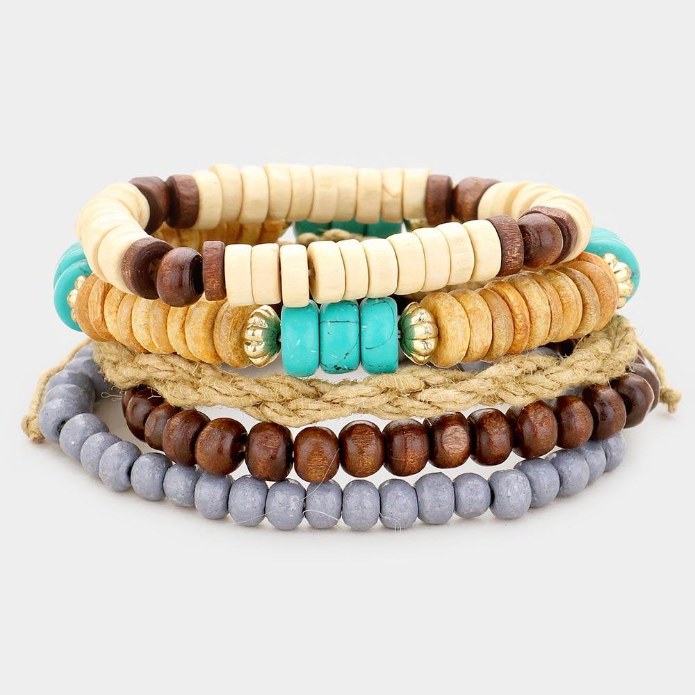 5PCS  Multi Wood Bead Layered Stretch Bracelets