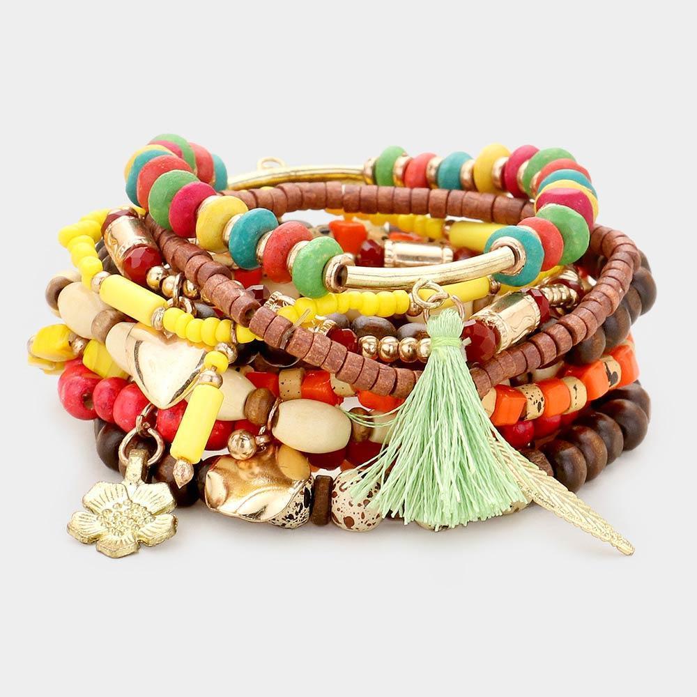 10PCS Wood Multi Bead Tassel Layered Stretch Bracelets - Jewelry Store by Erik Rayo