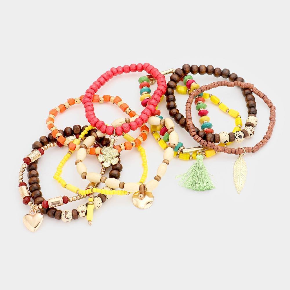 10PCS Wood Multi Bead Tassel Layered Stretch Bracelets - Jewelry Store by Erik Rayo
