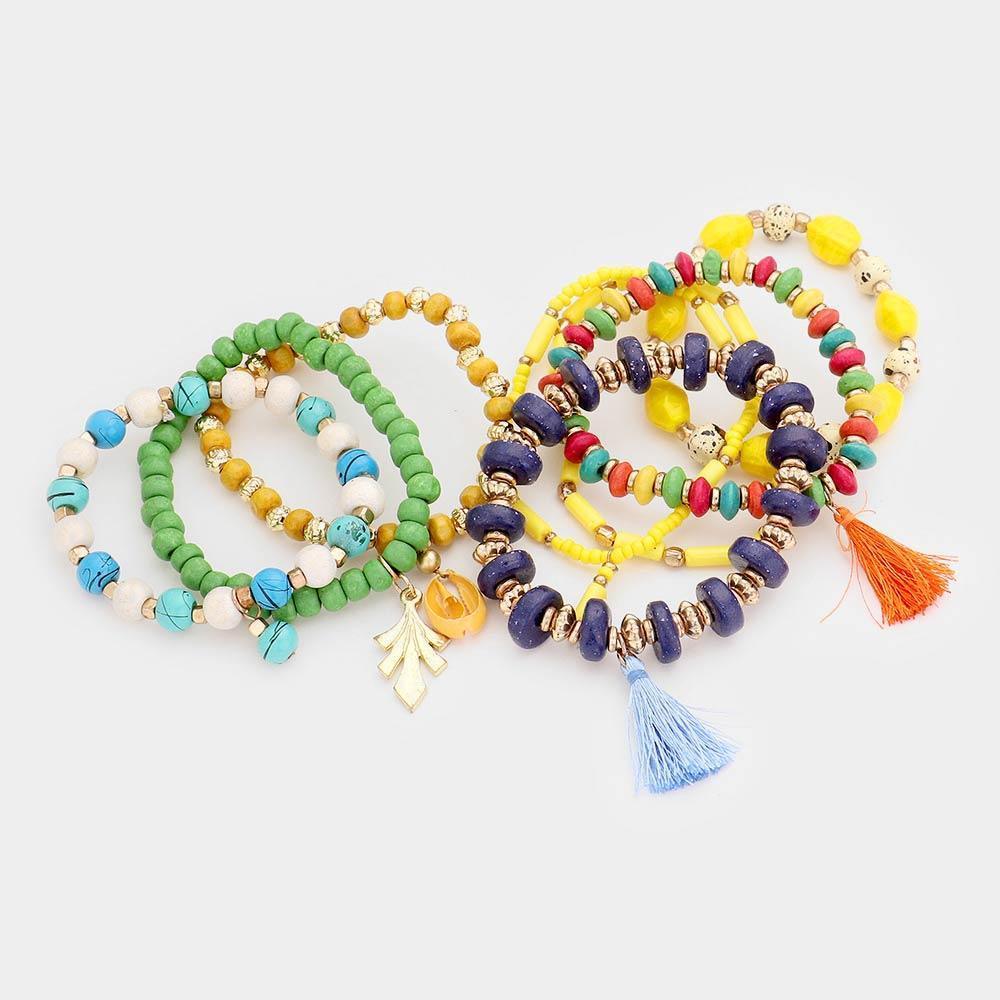 8PCS Multi Bead Tassel Layered Stretch Bracelets - Jewelry Store by Erik Rayo