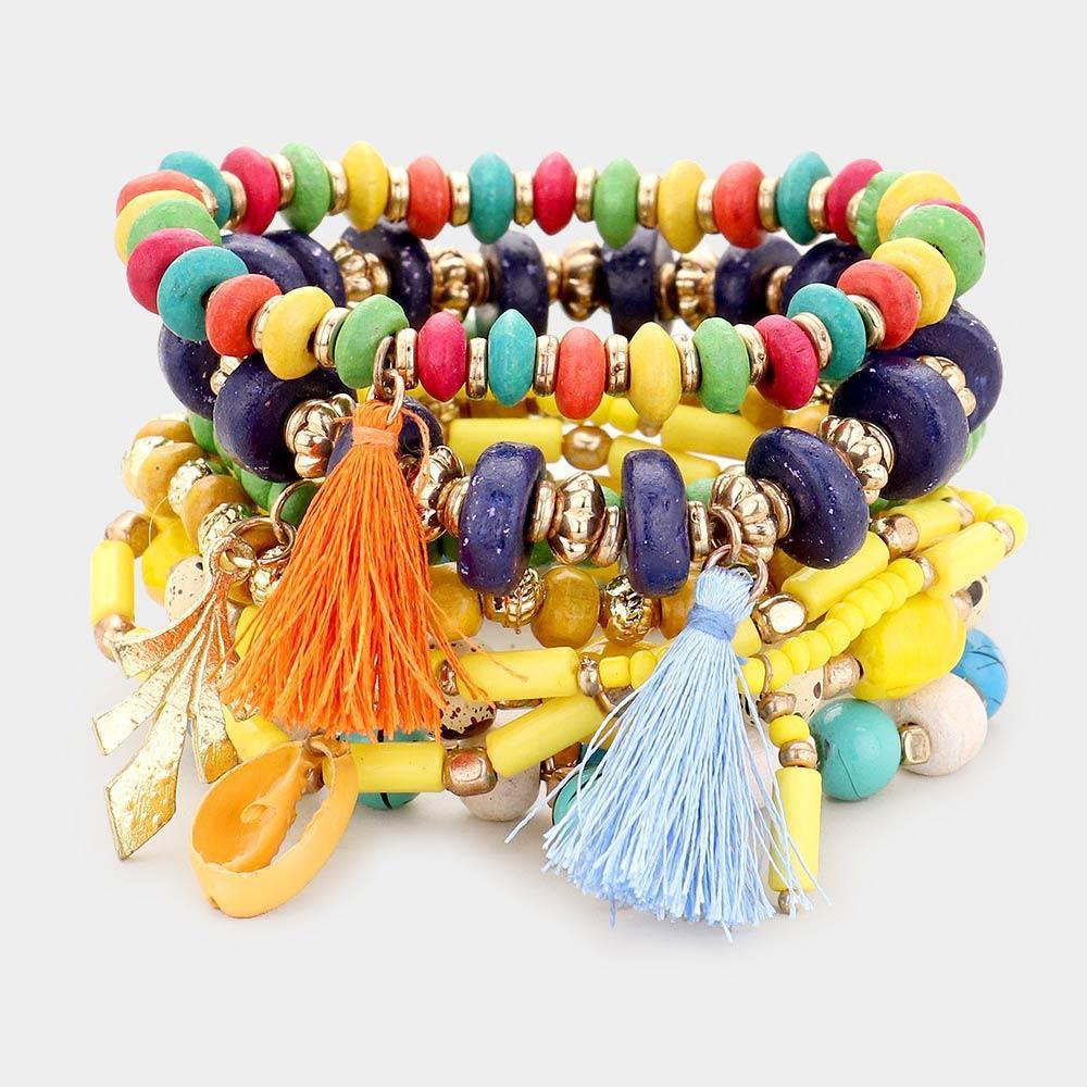 8PCS Multi Bead Tassel Layered Stretch Bracelets - Jewelry Store by Erik Rayo