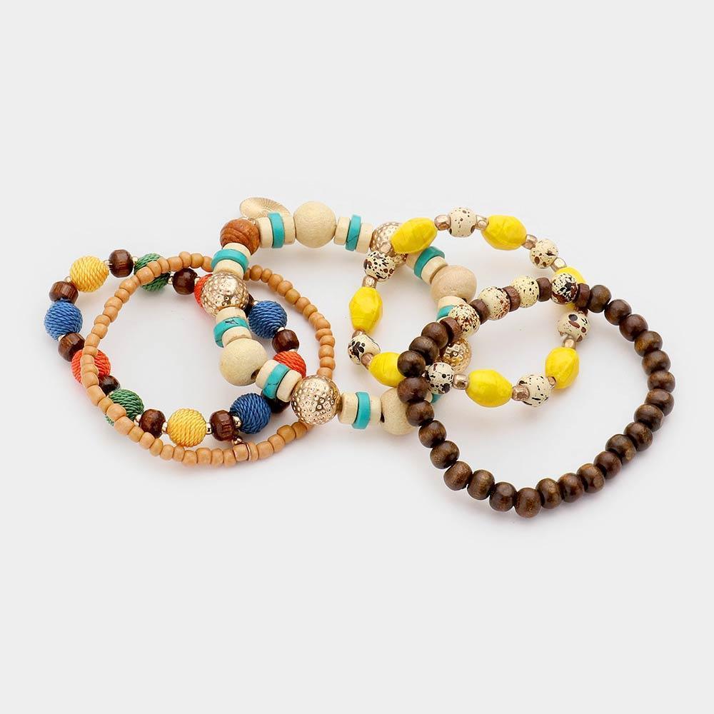 5PCS Multi Bead Layered Metal Charm Stretch Bracelets - Jewelry Store by Erik Rayo