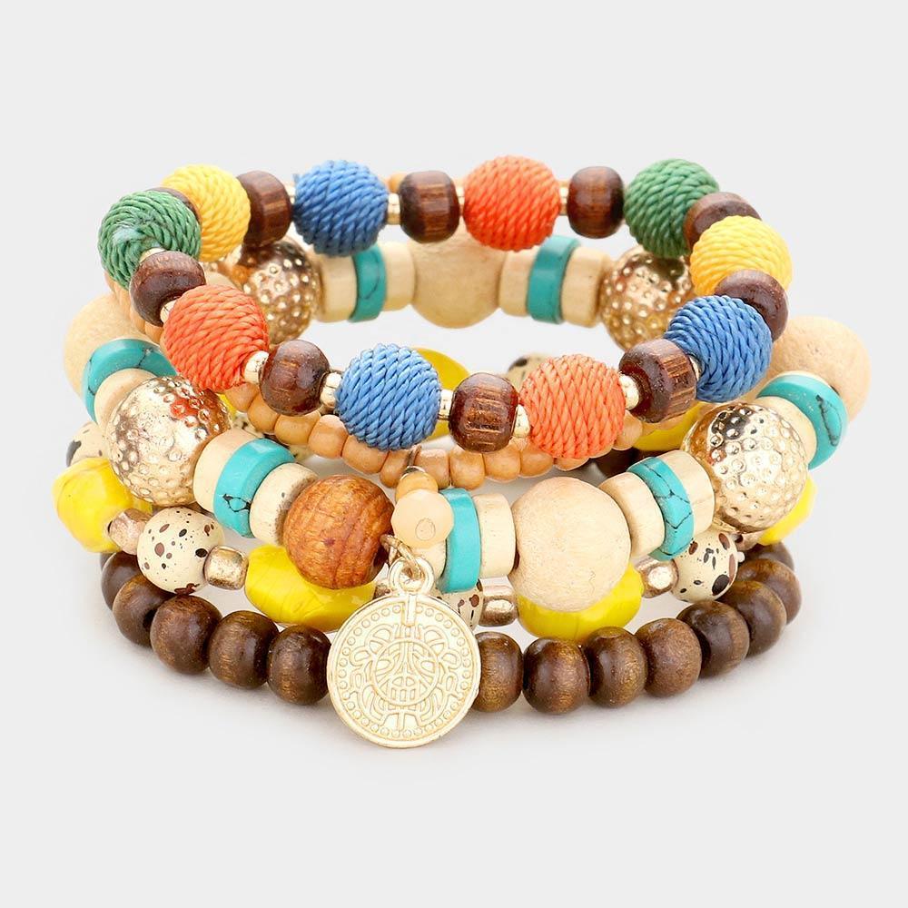 5PCS Multi Bead Layered Metal Charm Stretch Bracelets - Jewelry Store by Erik Rayo