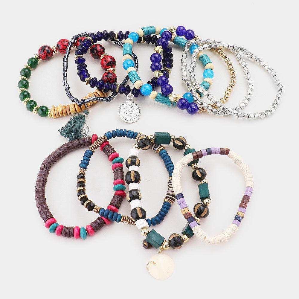 11PCS Boho Wood Multi Beaded Tassel Stretch Bracelets - Jewelry Store by Erik Rayo
