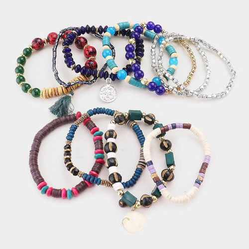11PCS Boho Wood Multi Beaded Tassel Stretch Bracelets - Jewelry Store by Erik Rayo