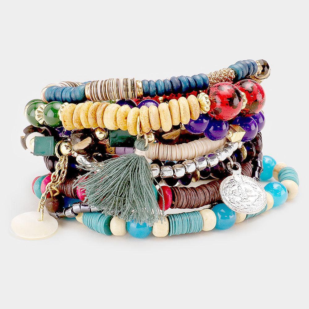 11PCS Boho Wood Multi Beaded Tassel Stretch Bracelets - Jewelry Store by Erik Rayo