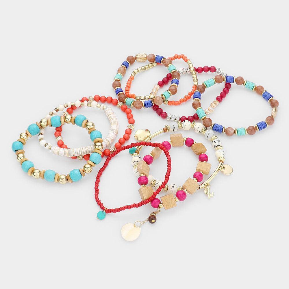 10PCS Wood Heish Multi Beaded Mother of Pearl Round Charm Stretch Bracelets - Jewelry Store by Erik Rayo
