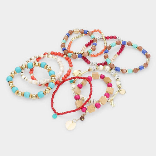 10PCS Wood Heish Multi Beaded Mother of Pearl Round Charm Stretch Bracelets - Jewelry Store by Erik Rayo