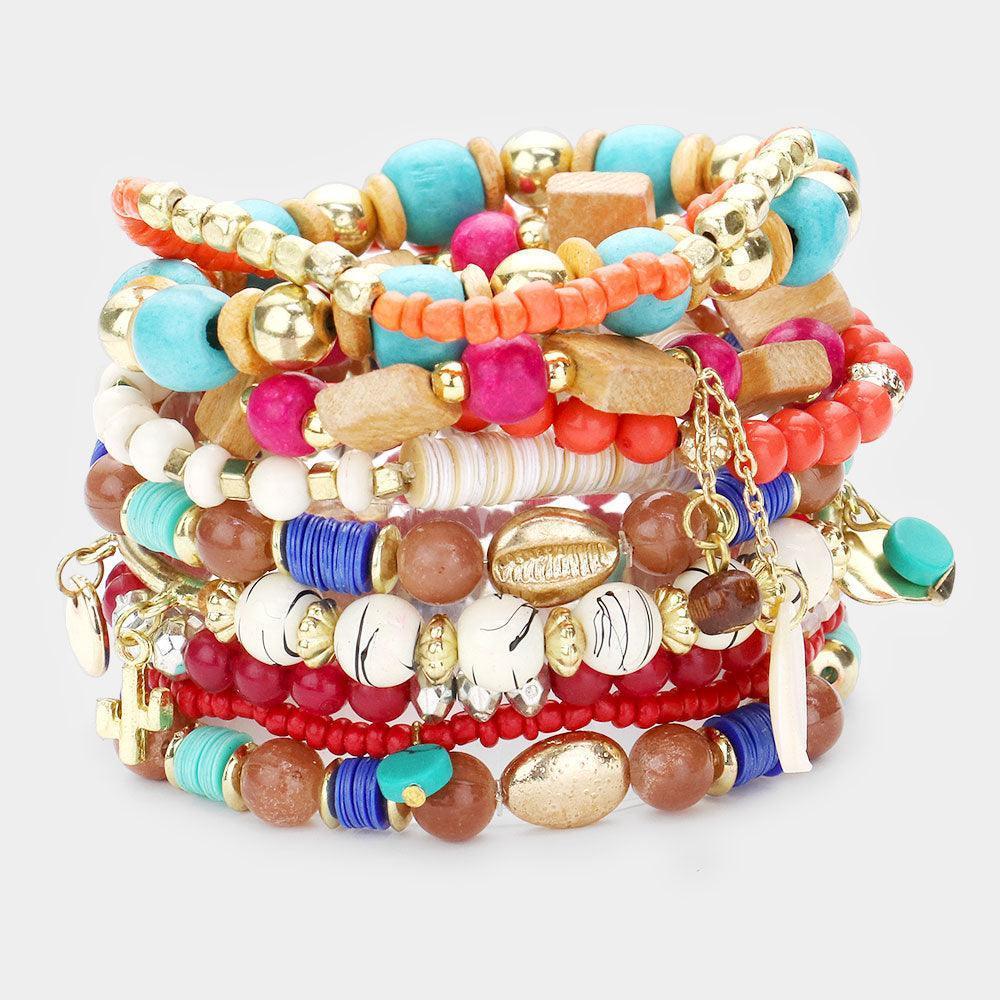 10PCS Wood Heish Multi Beaded Mother of Pearl Round Charm Stretch Bracelets - Jewelry Store by Erik Rayo