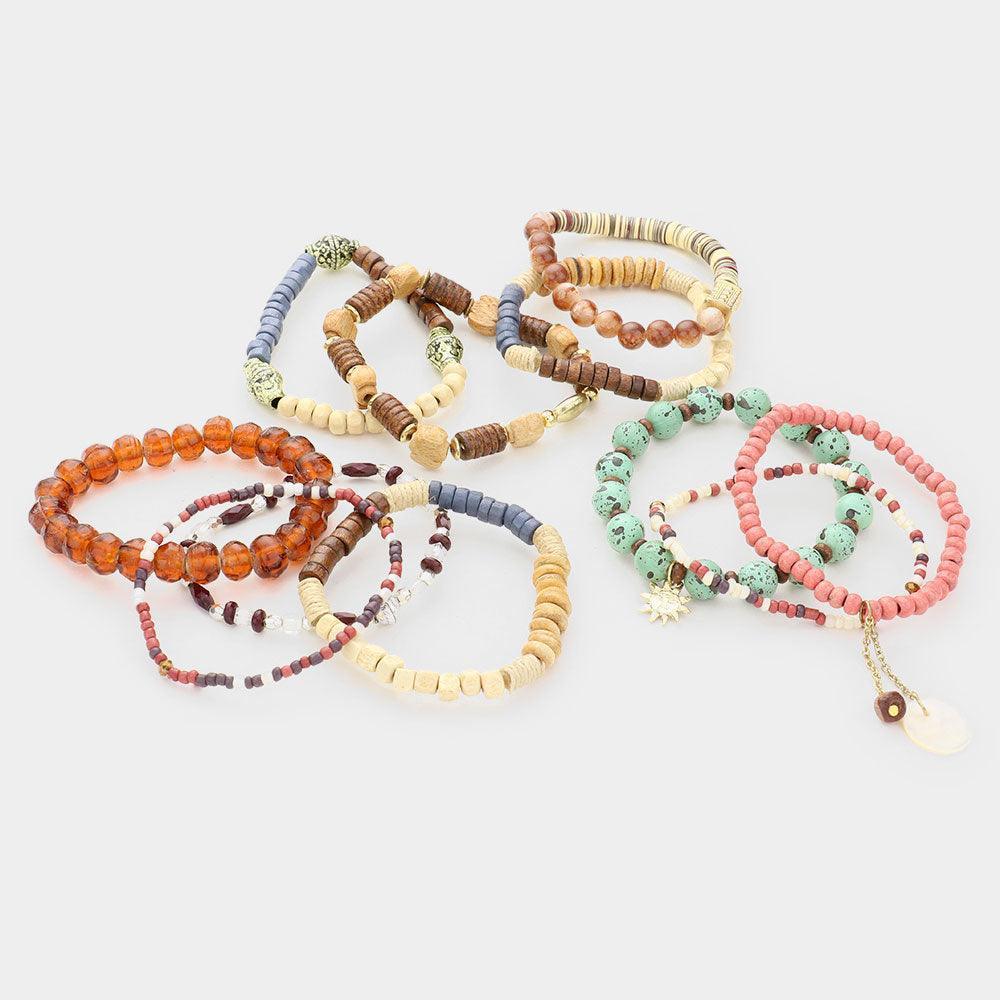 10PCS Wood Metal Sun Disc Charm Stretch Layered Bracelets - Jewelry Store by Erik Rayo
