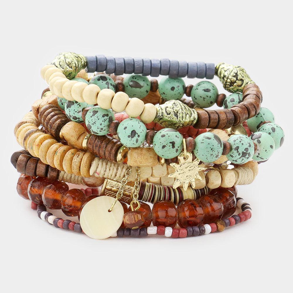 10PCS Wood Metal Sun Disc Charm Stretch Layered Bracelets - Jewelry Store by Erik Rayo