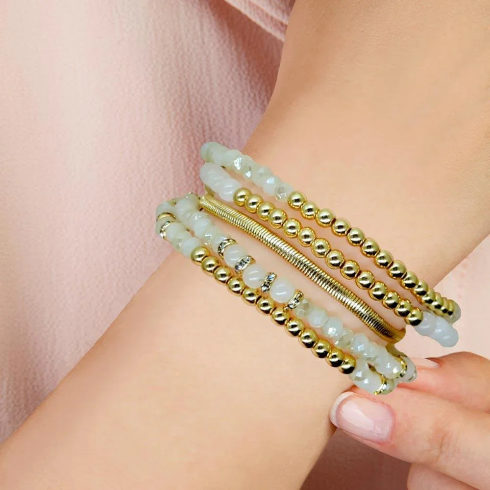 White 5PCS - Multi Beads Stretch Snake Chain Multi Layered Bracelets - Jewelry Store by Erik Rayo