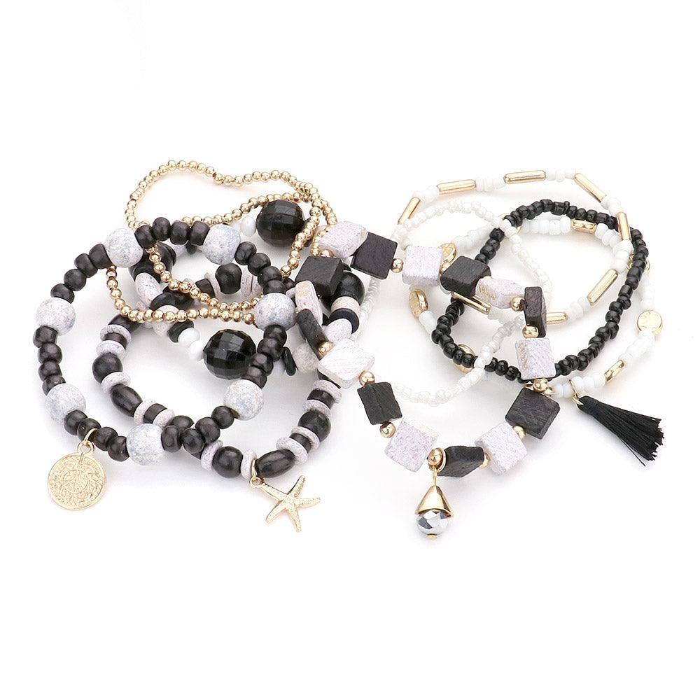 Black 10PCS Metal Coin Starfish Charm Wood Beaded Stretch Bracelets - Jewelry Store by Erik Rayo