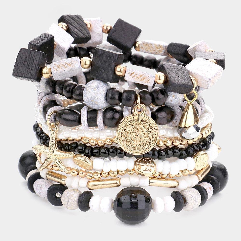 Black 10PCS Metal Coin Starfish Charm Wood Beaded Stretch Bracelets - Jewelry Store by Erik Rayo